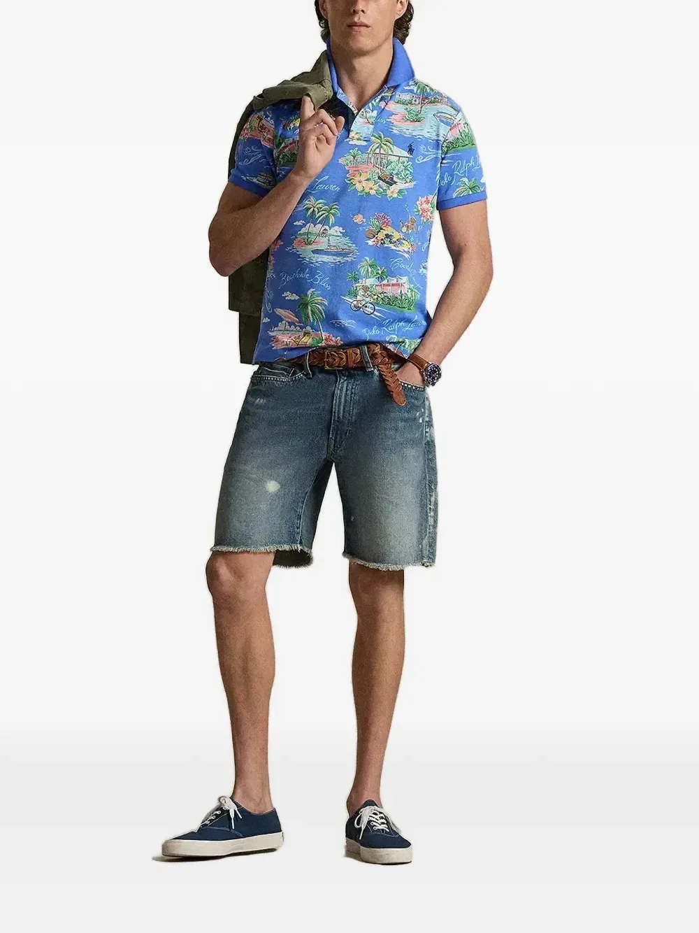 Рубашка поло из трикотажа пике с тропическим принтом POLO RALPH LAUREN, синий — фото 2