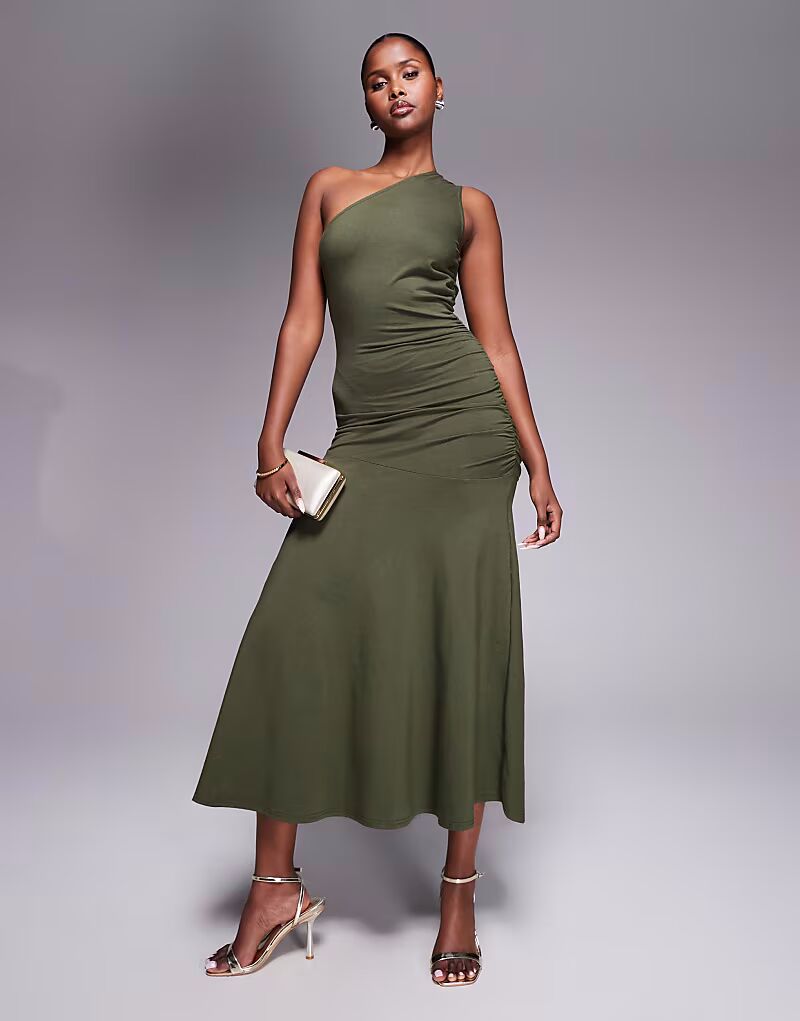 

Эксклюзивное хлопковое платье макси на одно плечо со сборками по бокам цвета хаки Fashionkilla