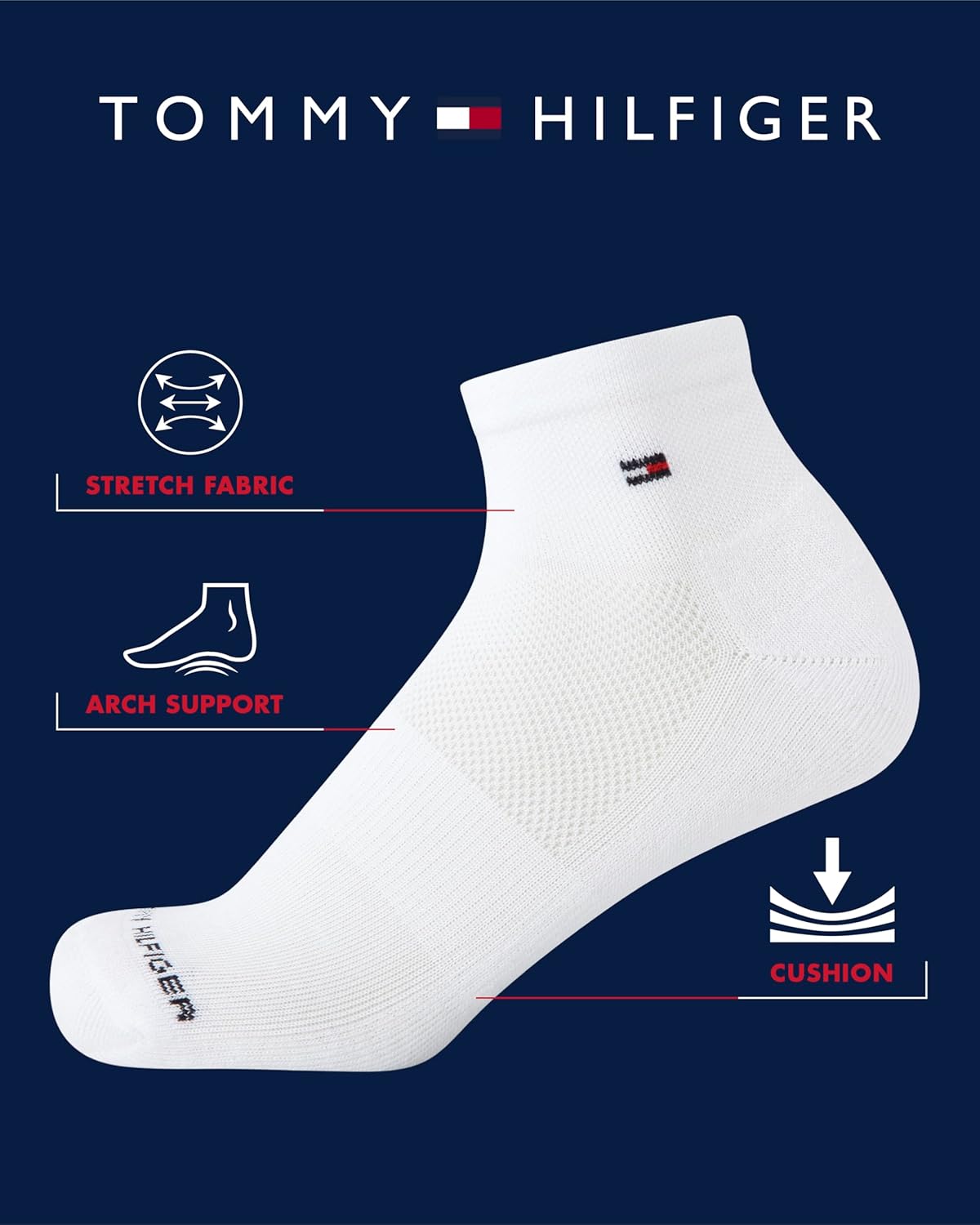 Женские носки Tommy Hilfiger Quarter - 12 пар мягких спортивных носков длиной до щиколотки с мягкой подошвой для женщин (размеры: 4-10), White Logo — фото 2
