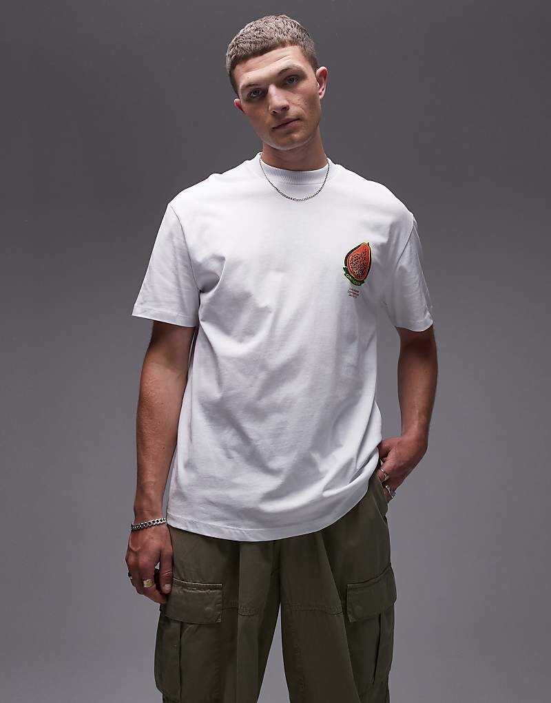 

Topman – белая футболка оверсайз с нашивным принтом