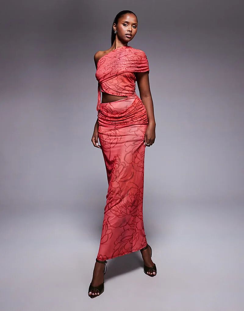 

Платье макси ASOS DESIGN с сетчатым принтом на одно плечо, лифом с рюшами и цветочным принтом