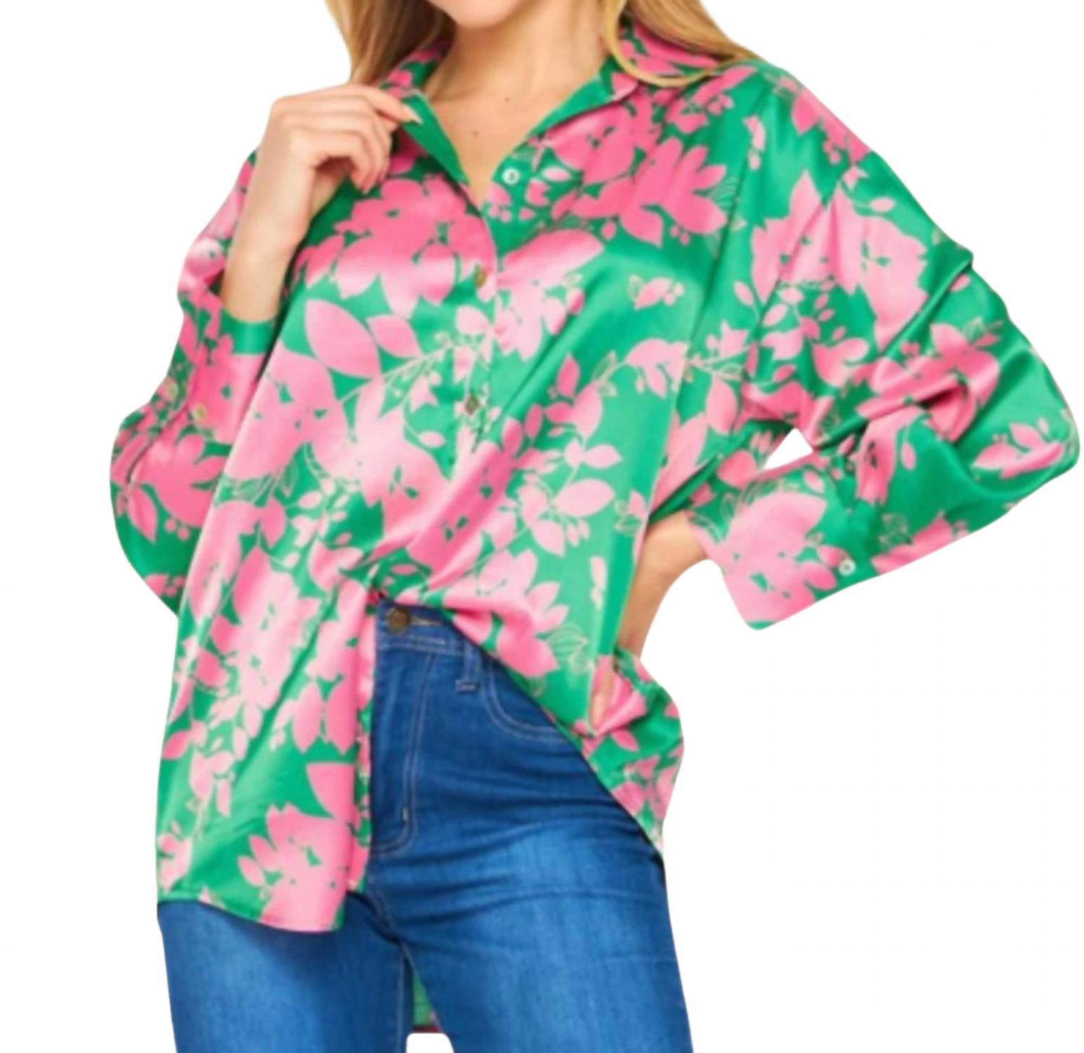 

Блузка Tara на пуговицах в розово-зеленом цветочном стиле Big Hit Fashion, Pink Green Floral