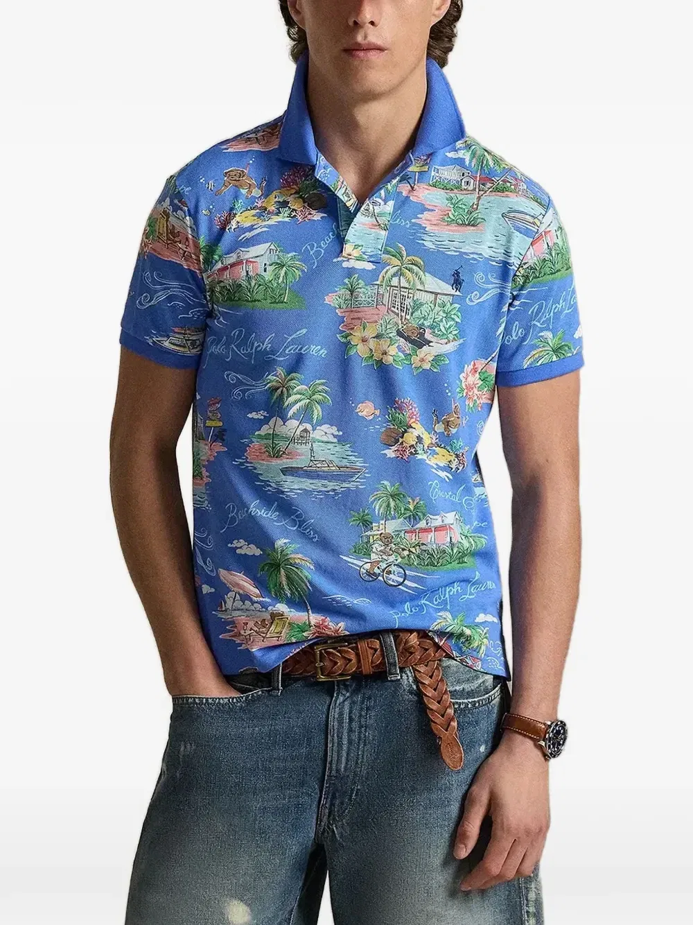 Рубашка поло из трикотажа пике с тропическим принтом POLO RALPH LAUREN, синий