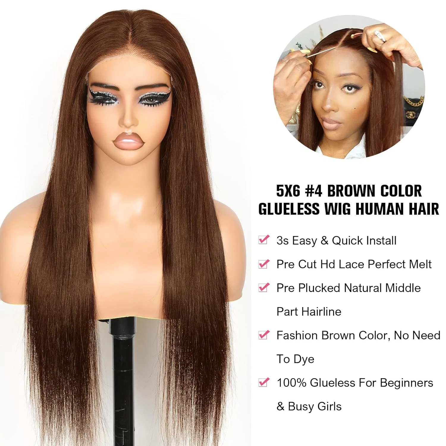 Женский парик из натуральных волос Beluck Wear And Go Glueless Wig, прямой, шоколадно-коричневый, 18 дюймов Beluck, Chocolate Brown 5X6 Pre Cut Lace Human Hair Wig — фото 2