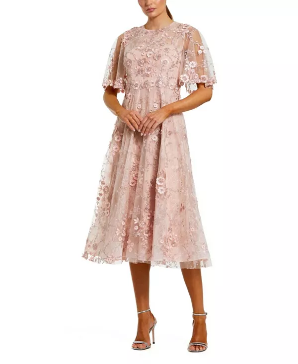 

Платье миди с рукавами-крылышками и цветочной вышивкой Mac Duggal, розовый