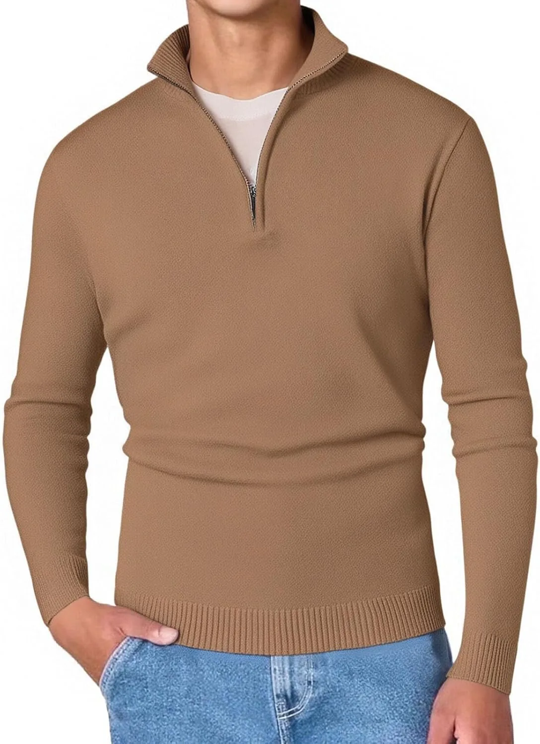 Мужской пуловер 3/4 молнии Slim Fit с воротником-стойкой, карамельный — фото 2