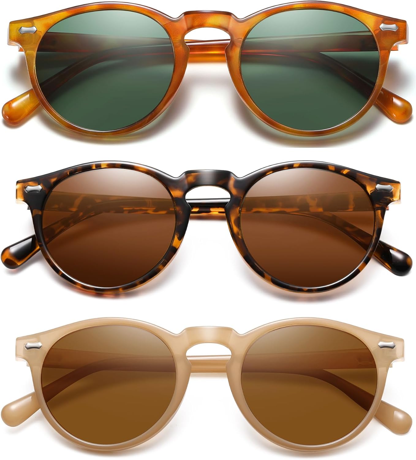 

Ретро маленькие круглые поляризованные солнцезащитные очки для женщин в винтажном стиле, защита от УФ-излучения YMRFW, 3pack (Milk Coffee/Tea Lens+tortoise Frame/Brown Lens+tortoise Orange Frame/G15 Lens)