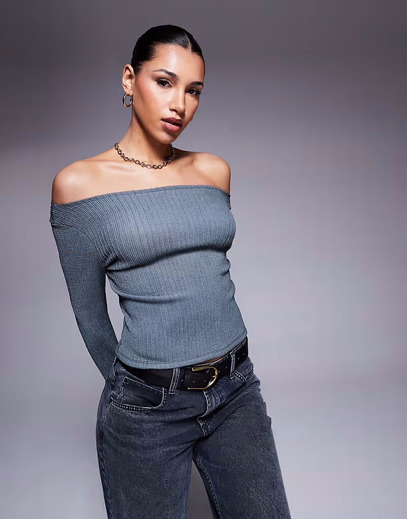 

Топ ASOS DESIGN с открытыми плечами и длинными рукавами из жатого сланца