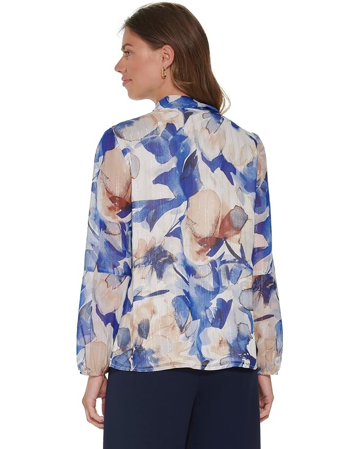 

Блуза DKNY Long Sleeve Tie Neck Blouse, цвет Painted Floral/Deep Cobalt Multi