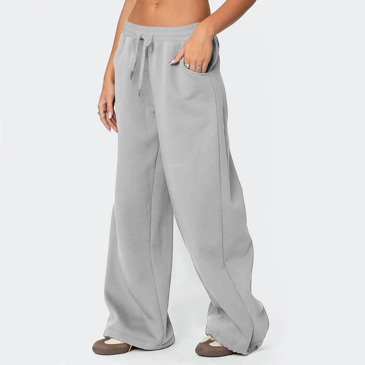 Повседневные брюки женские широкие sweatpants с высокой талией, карманами и шнурком, эластичные, мешковатые, свободные, удобные, в стиле streetwear Generic, серебряный — фото 4