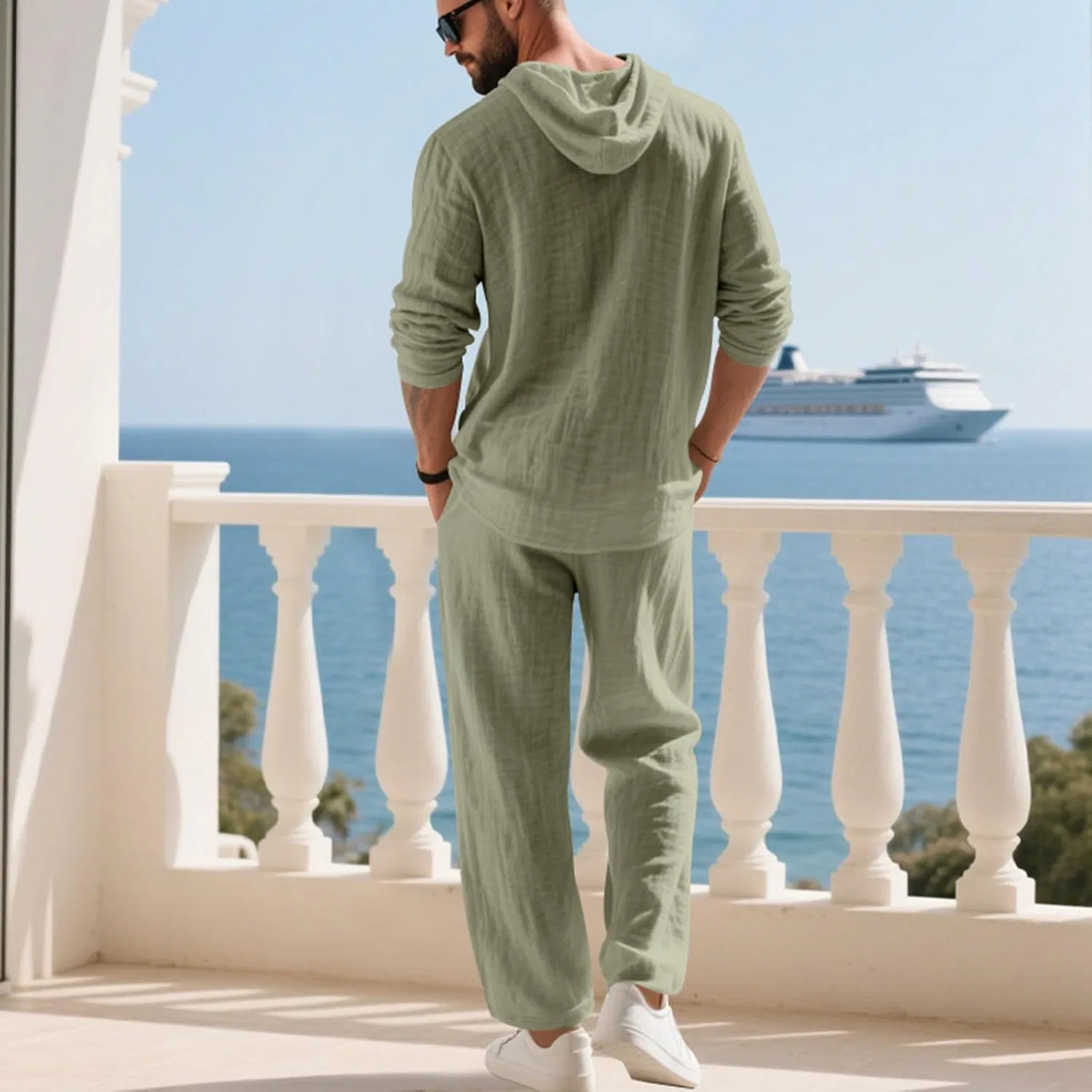 Мужской спортивный костюм из хлопка и льна, Generic, Army Green — фото 4