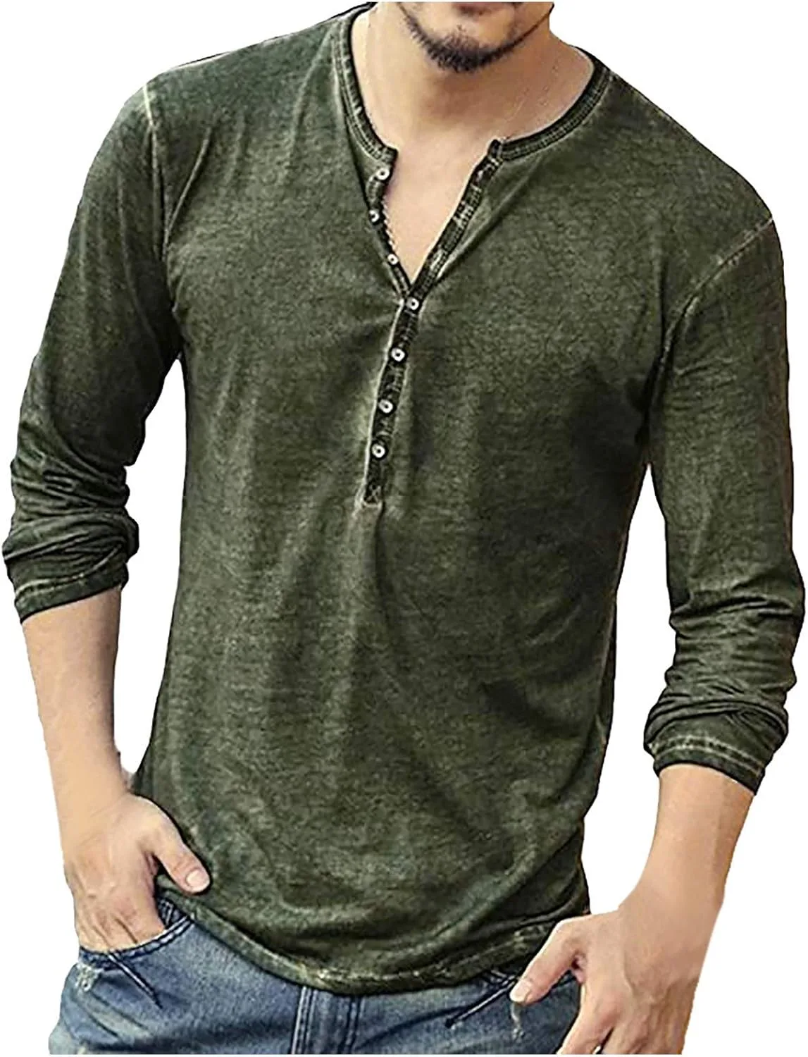 

Мужская футболка Henley с эффектом поношенности и длинными рукавами FZYLQY