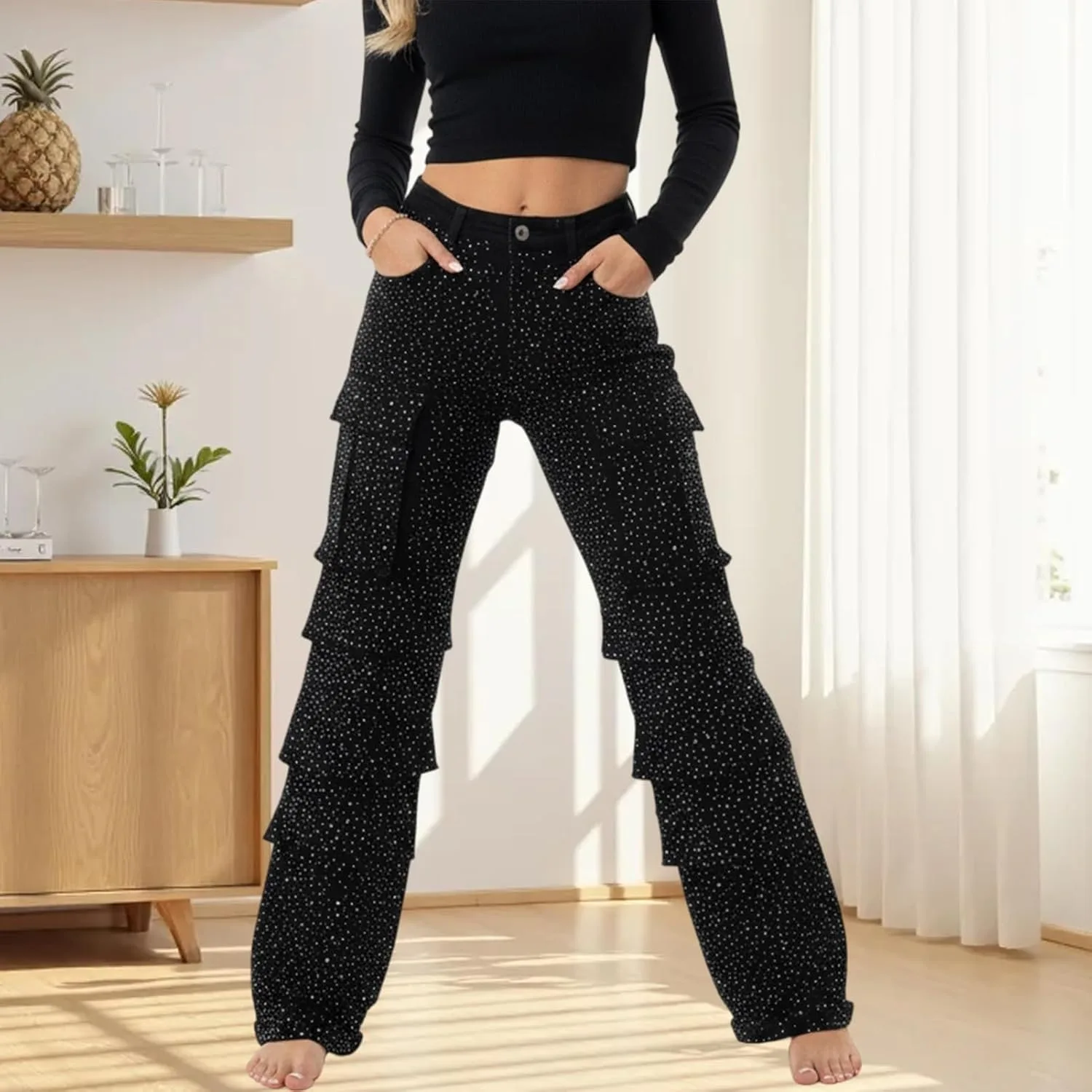 Женские джинсы Mid Rise Wide Leg с пайетками - модные широкие брюки-багги для повседневной носки Generic, черный — фото 2