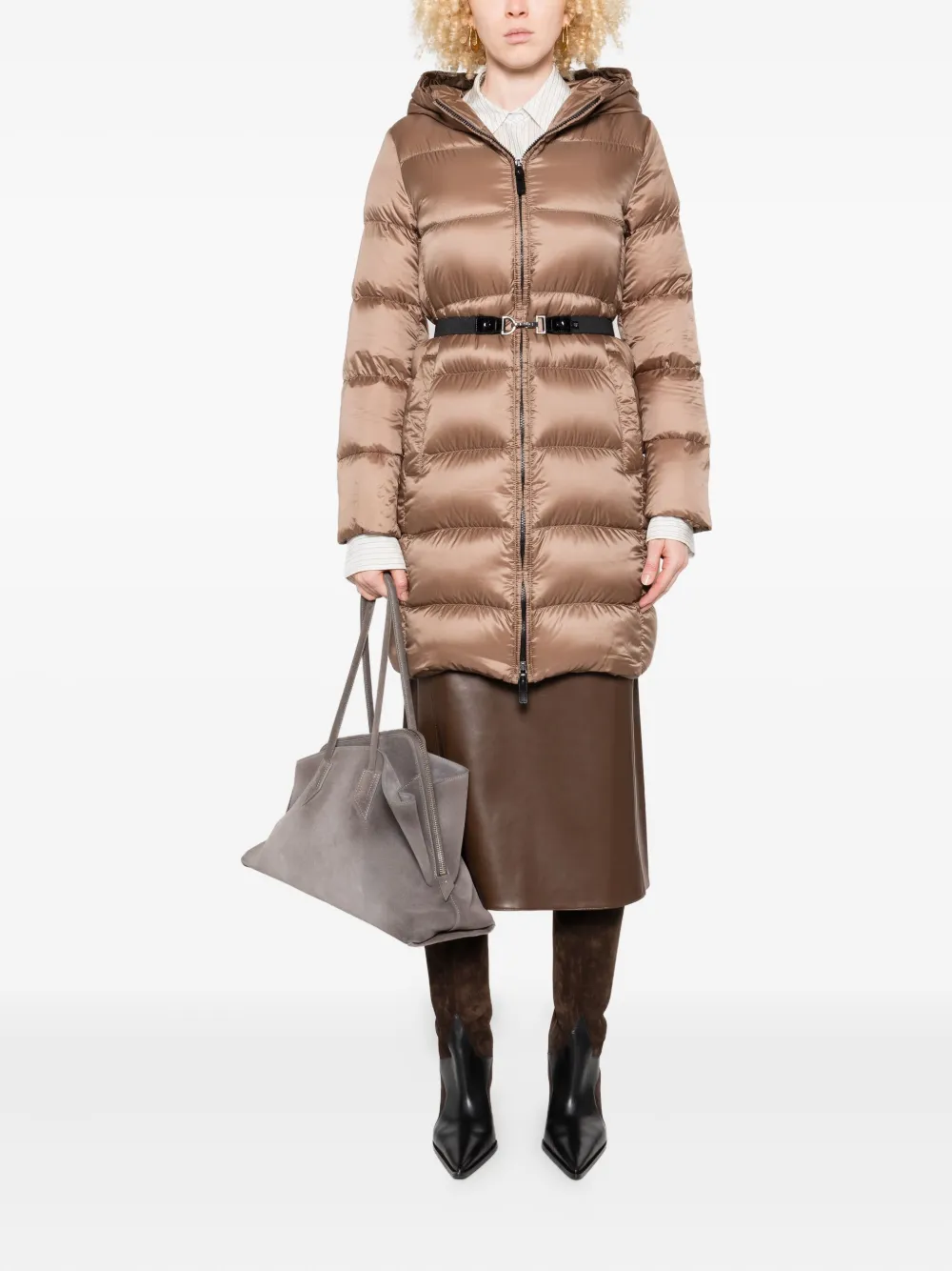 Пуховик с капюшоном и поясом Max Mara, коричневый — фото 2