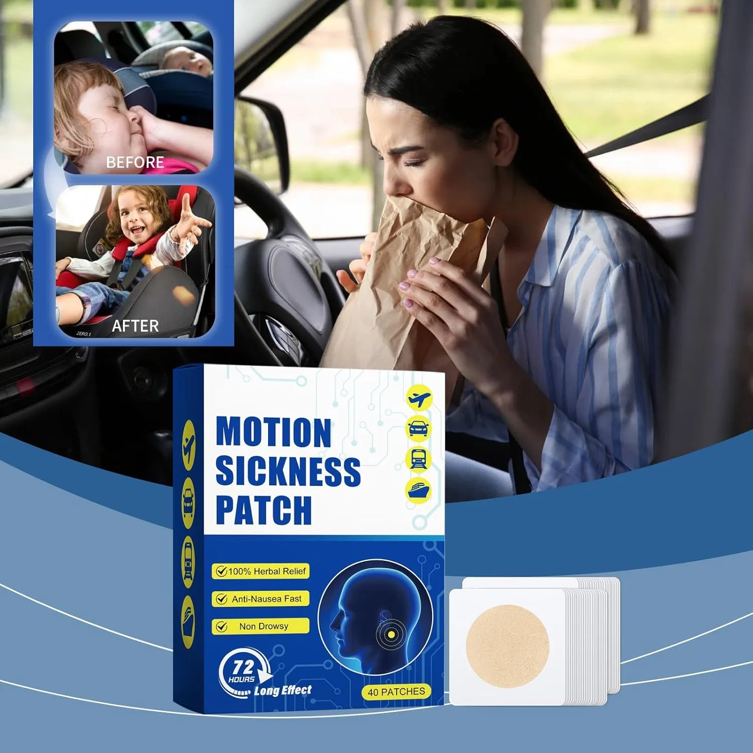 Патчи от укачивания Motion Sickness, 3x3 см, Generic — фото 3