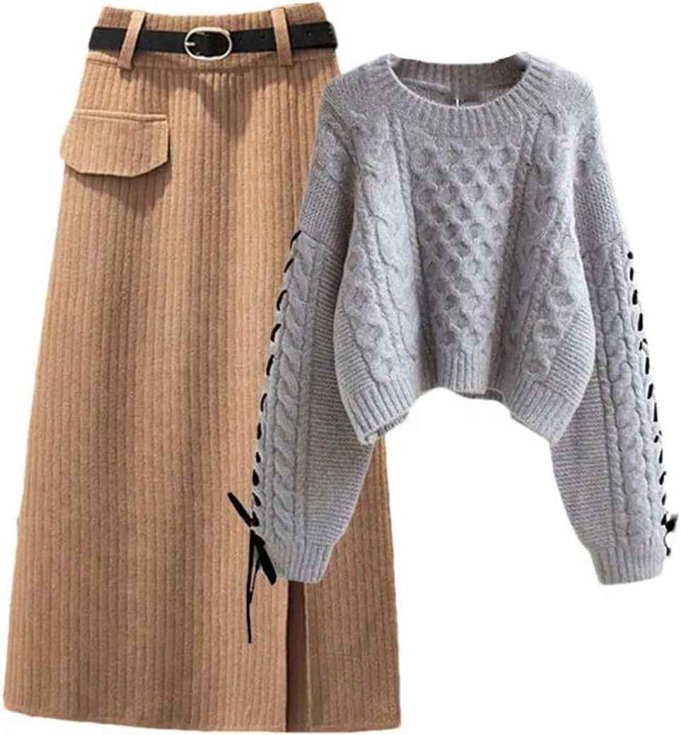 Женский спортивный костюм из трикотажа, свитер и юбка, Two Piece Set 4