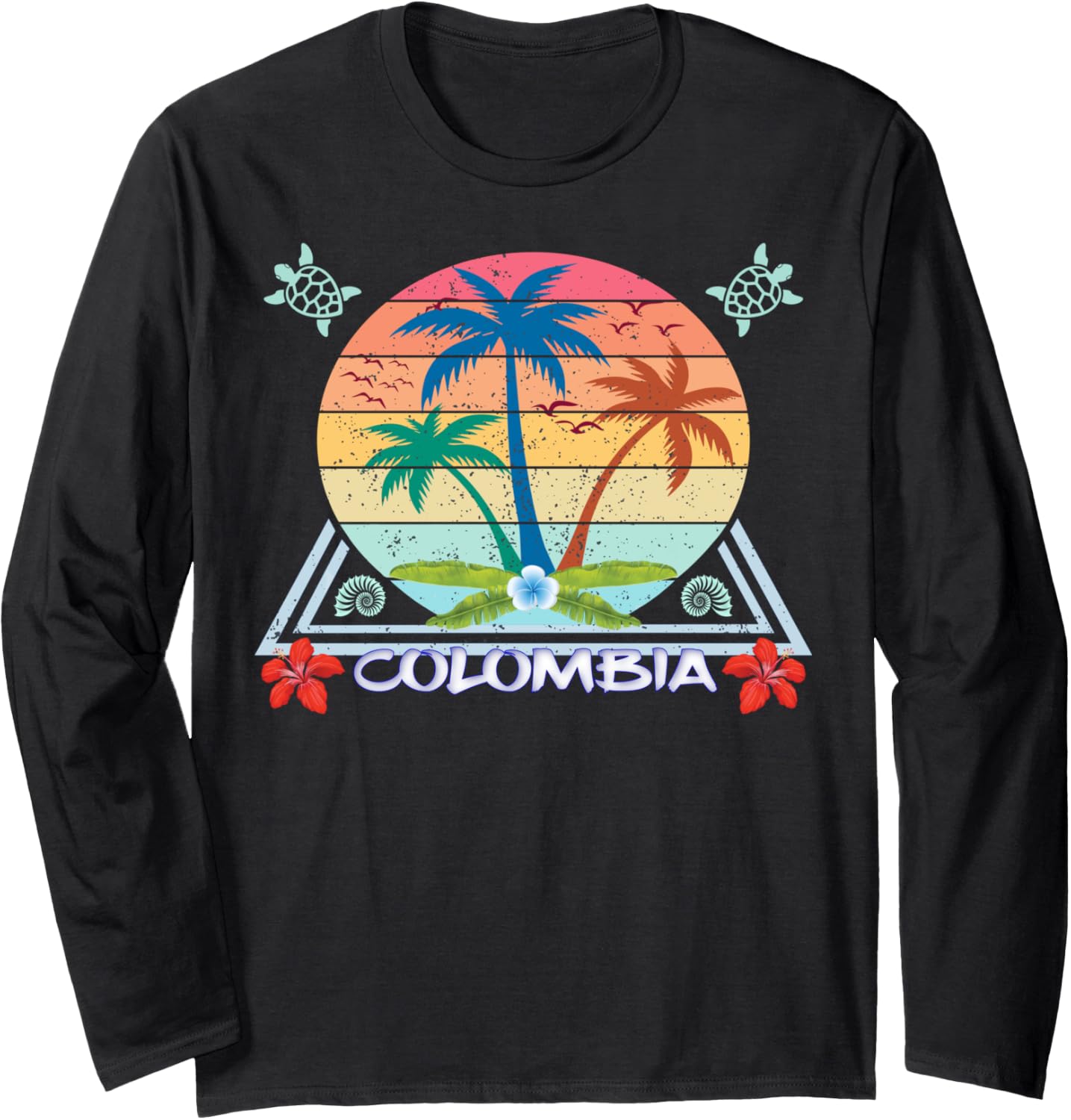 

Футболка с длинными рукавами Columbia Palm Tree Beach Sea Turtle Cocktail Latin America Souvenir Holiday Seabirds Medellin Bogota Sea Summer Gift, черный