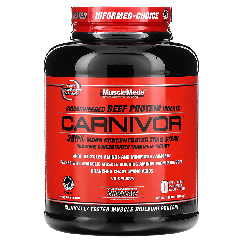 

MuscleMeds, Carnivor, биоинженерный изолят говяжьего протеина, шоколад, 1898,4 г (4,19 фунта)