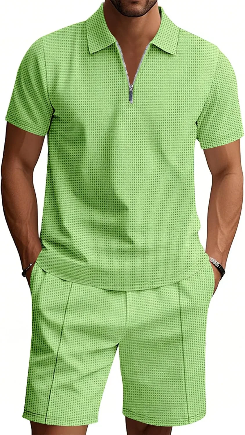 Aromm Мужской летний спортивный костюм из двух частей: поло с коротким рукавом из вафельной вязки и шорты. Повседневная спортивная одежда, зеленый