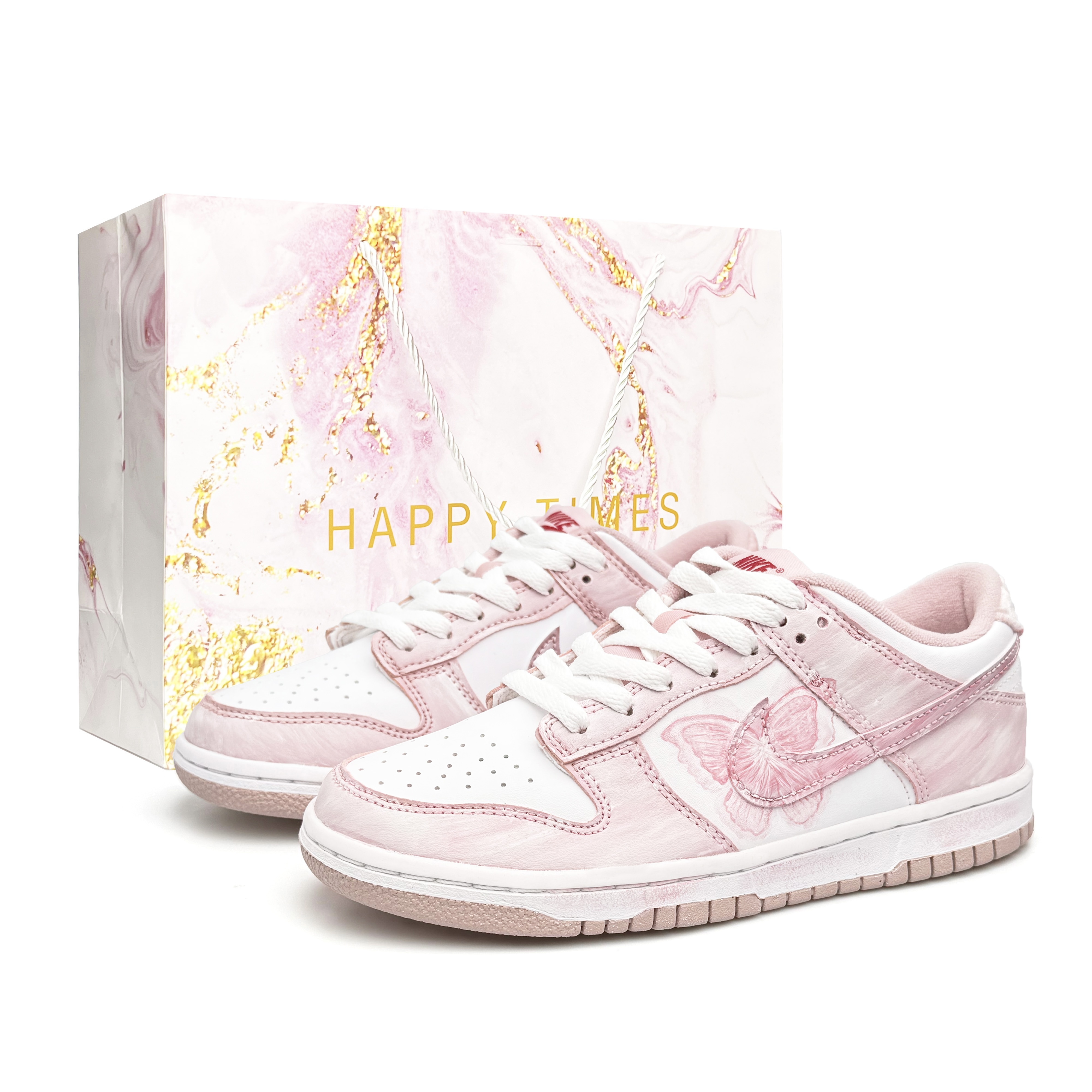 Nike Детские кроссовки для скейтбординга Dunk Under The Moon And Flowers, износостойкие, дышащие, с низким верхом, белые, розовые, унисекс — фото 2
