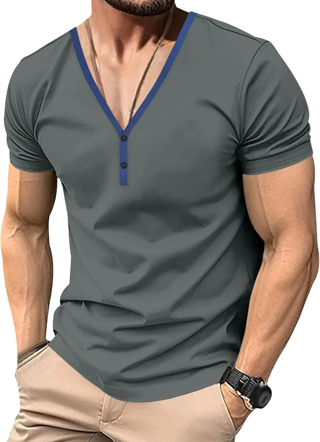 

Мужская футболка Henley Casual Cotton Slim Fit без воротника Gsywaipei