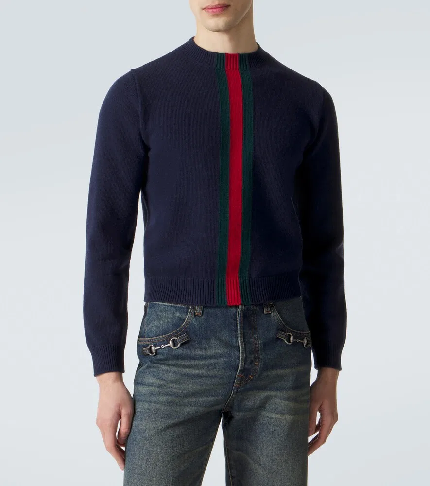 Свитер Gucci Web Stripe шерстяной, круглый воротник, синий — фото 3