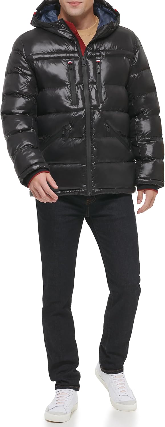 Мужская блестящая стеганая куртка Tommy Hilfiger Mens с логотипом средней толщины, Black — фото 2