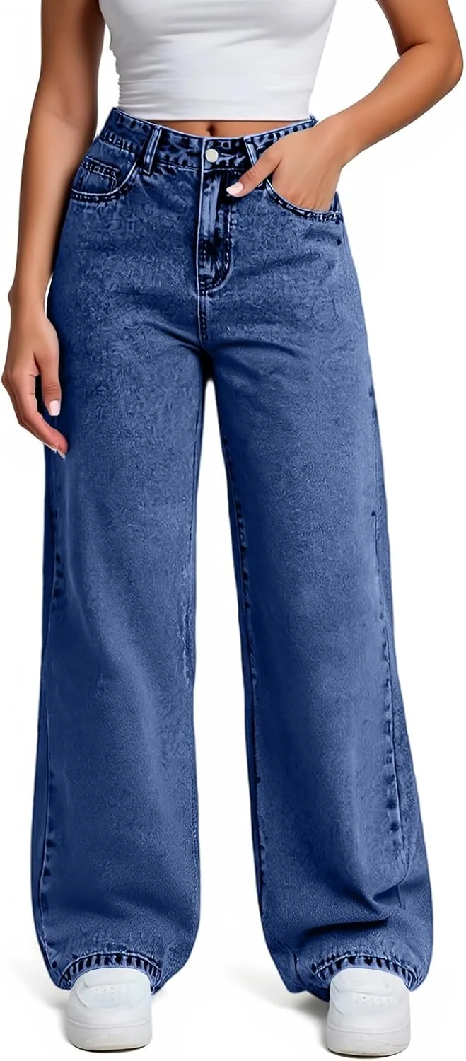 Джинсы Wide Leg женские Baggy Boyfriend с высокой талией прямого кроя Stretchy светлой стирки Vintage Cowgirl Generic, темно-синий — фото 4