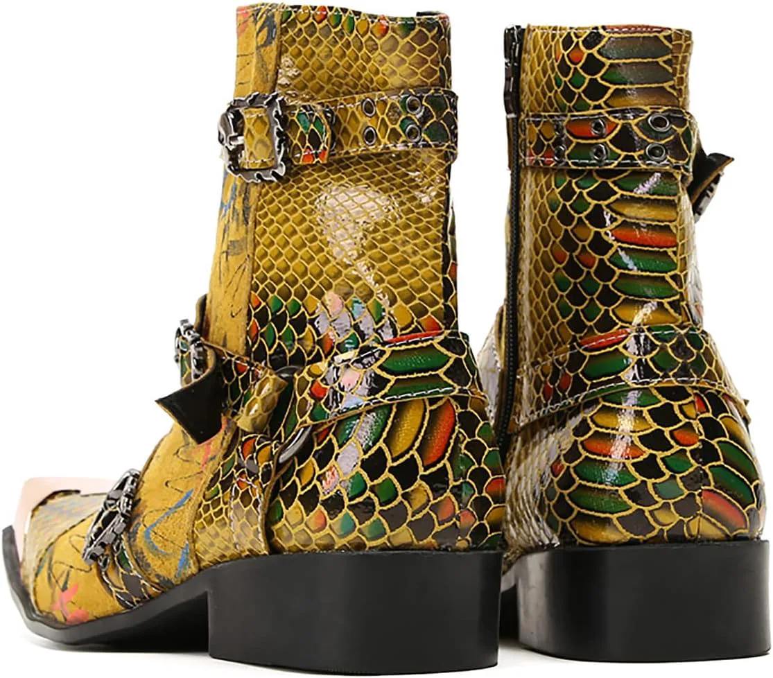 

Мужские повседневные ковбойские сапоги Santimon - настоящая кожа, средний верх, западные сапоги с металлическим квадратным носком и пряжками для бального зала, диско и вечеринок, желтый