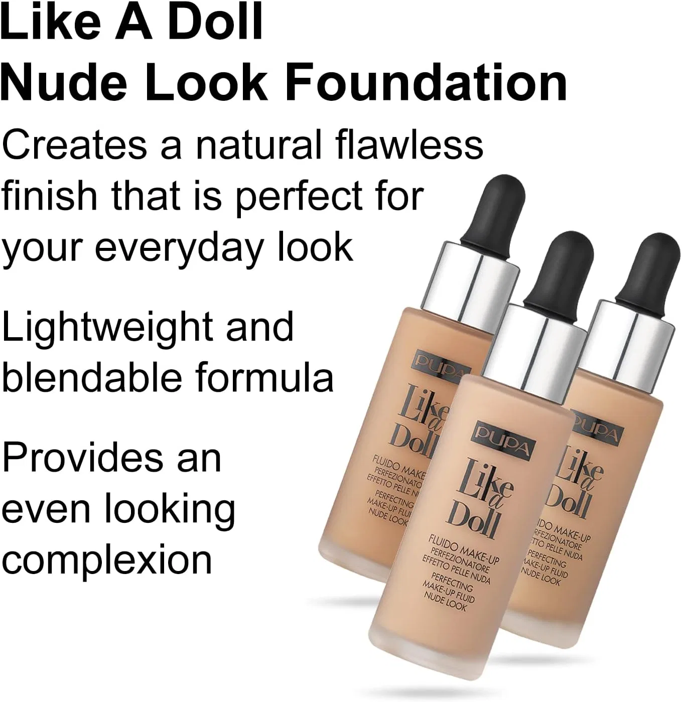 Тональный крем PUPA Milano Like A Doll Perfect Makeup Nude Look Foundation, medium beige, 28.6 г — фото 2