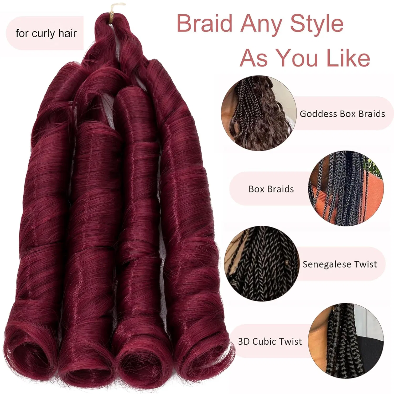 Наращивание волос S-noilite French Curl для плетения, 60 см, 3 упаковки, винно-красный S-Noilite, Wine Red — фото 3