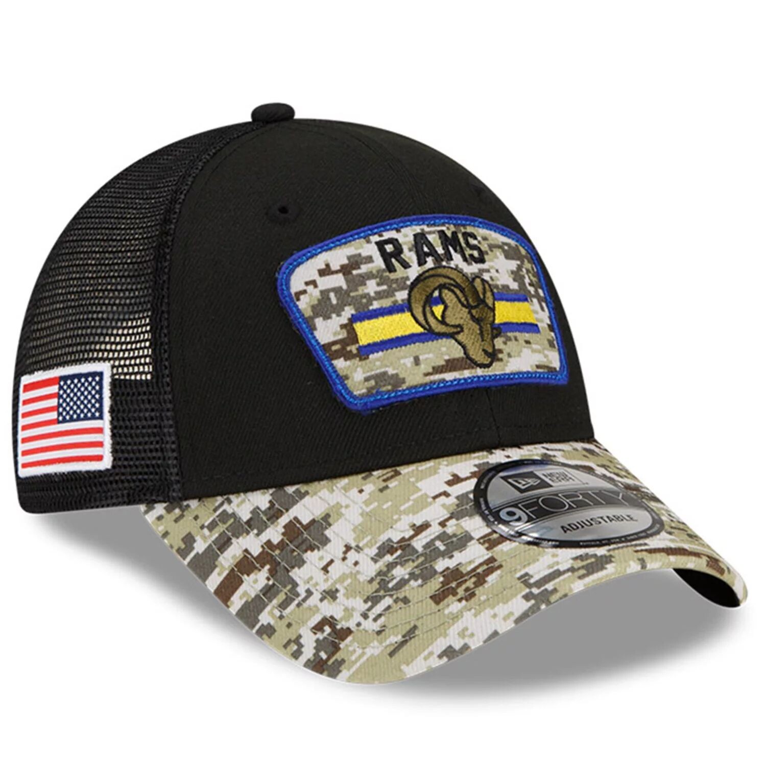 

Мужская регулируемая кепка New Era Black/Camo Los Angeles Rams 2021 Salute To Service Trucker 9FORTY Snapback