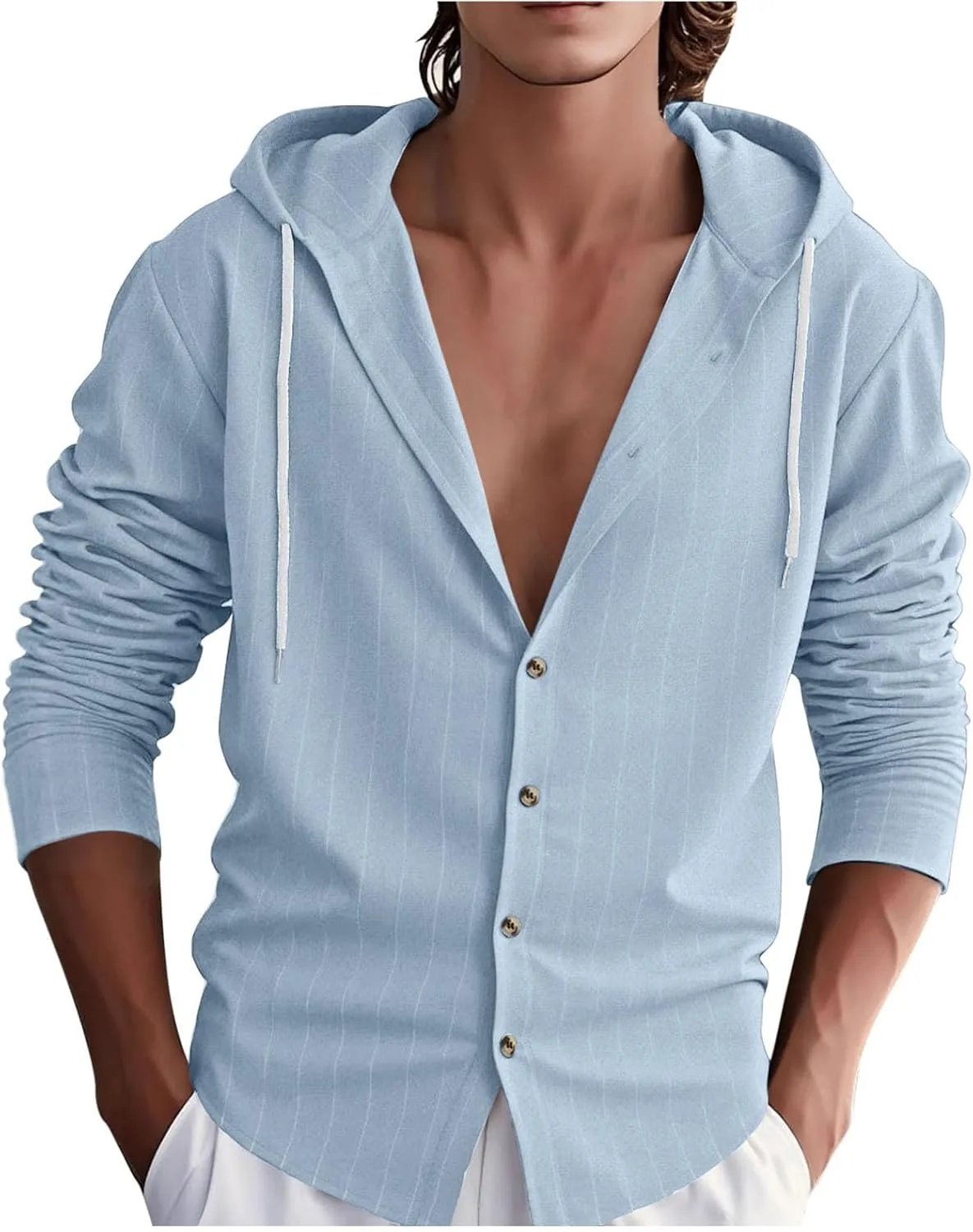 

Мужская льняная полосатая кардиган-шакет с капюшоном