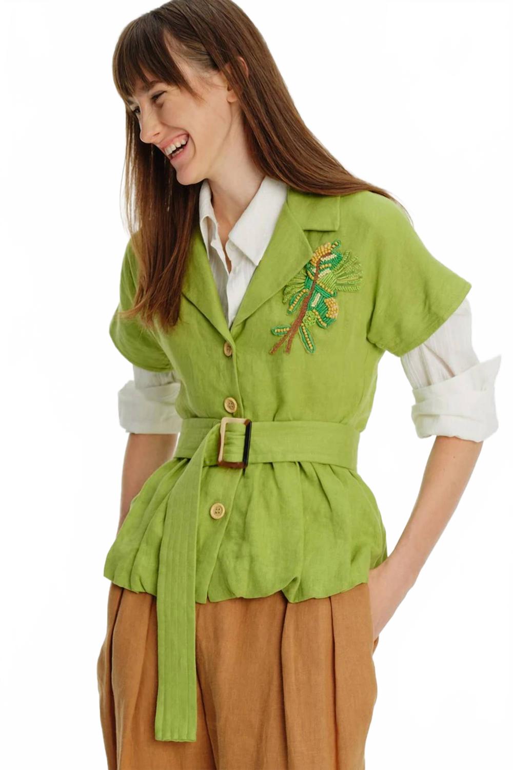 

Вышитая льняная рубашка с короткими рукавами и крой balloon в зеленом цвете EXQUISE