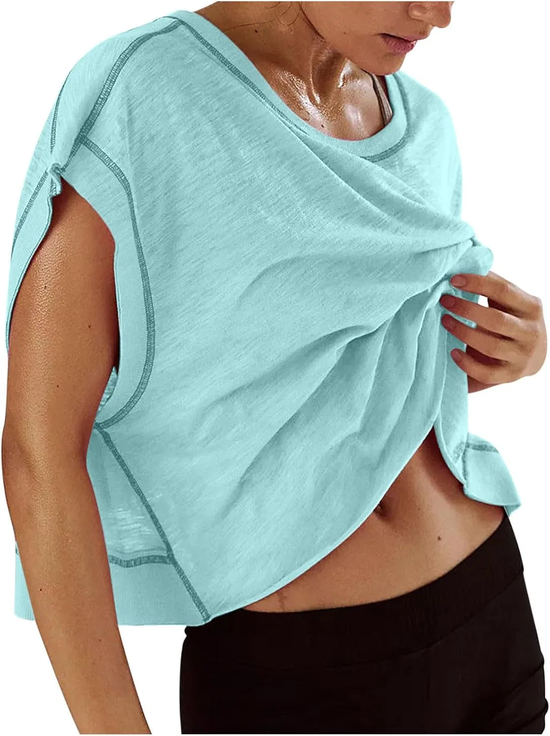 Женская футболка для активного отдыха, Athletic Crop Tops, A#01light Blue — фото 2