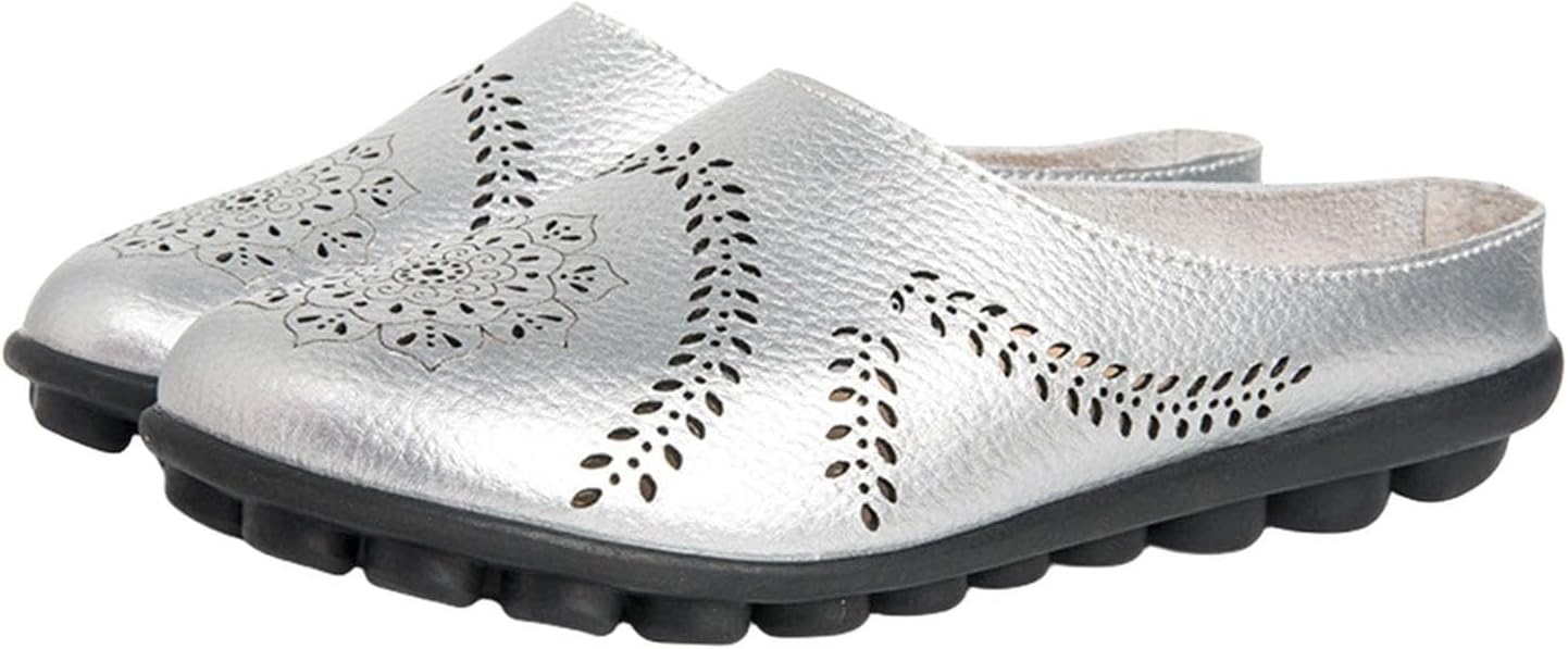 

Повседневные сандалии-тапочки с вырезами для женщин, удобные дышащие мюли, летние балетки, комфортные лоферы на плоской подошве, кожаные слипоны-лоферы Generic, серебро