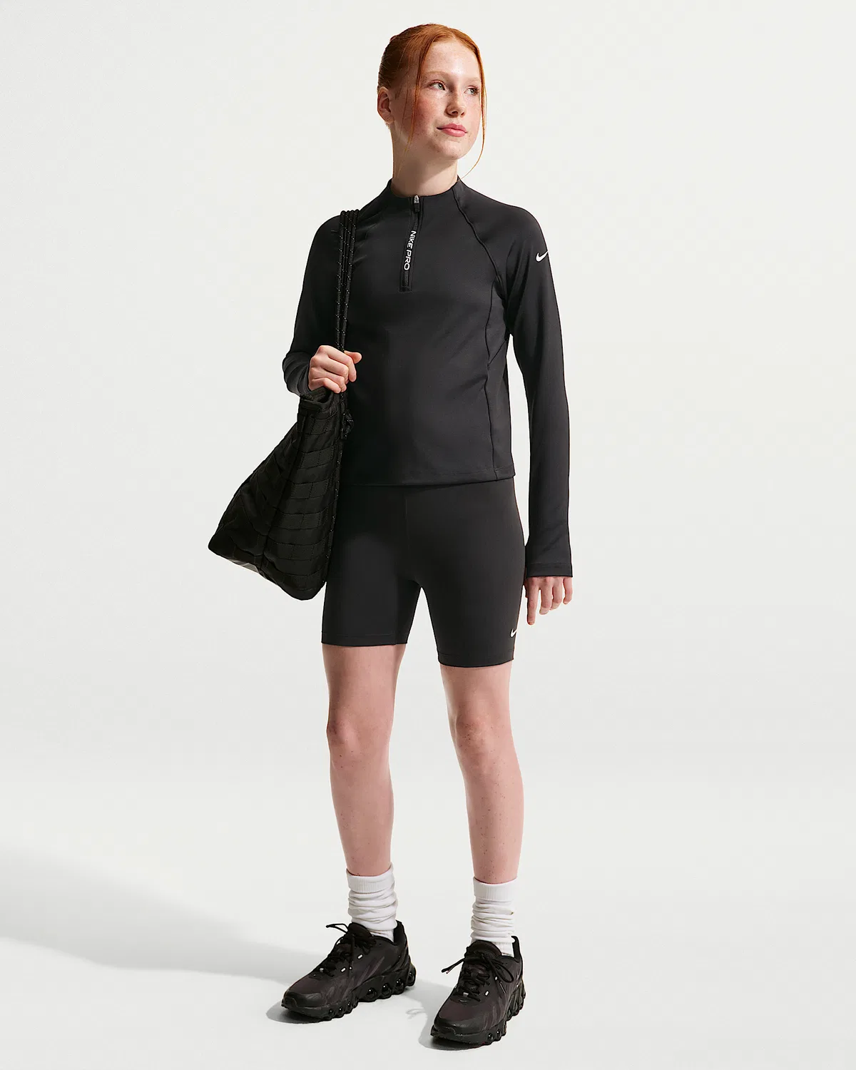 Детские (девочки) Nike Pro Dri-FIT с длинным рукавом и полузамком, Black/Black/White — фото 4
