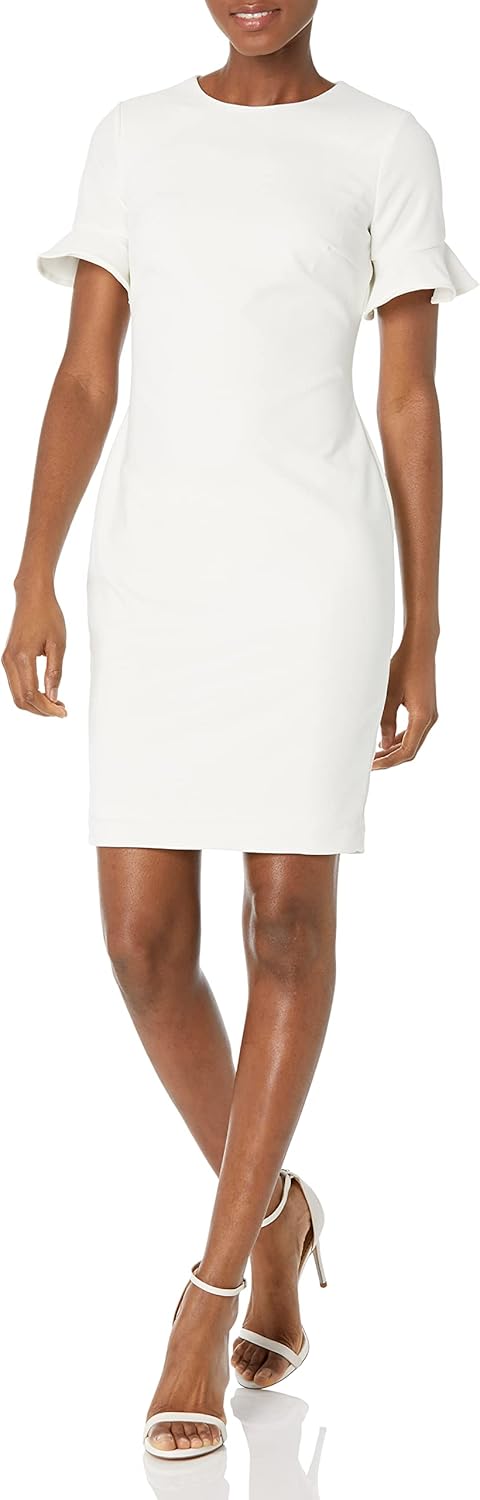 

Женское платье-футляр Calvin Klein с круглым вырезом и короткими рукавами и оборками, Latte