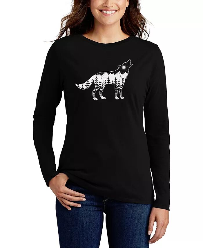 

Женская футболка с длинным рукавом Howling Wolf Word Art LA Pop Art, черный