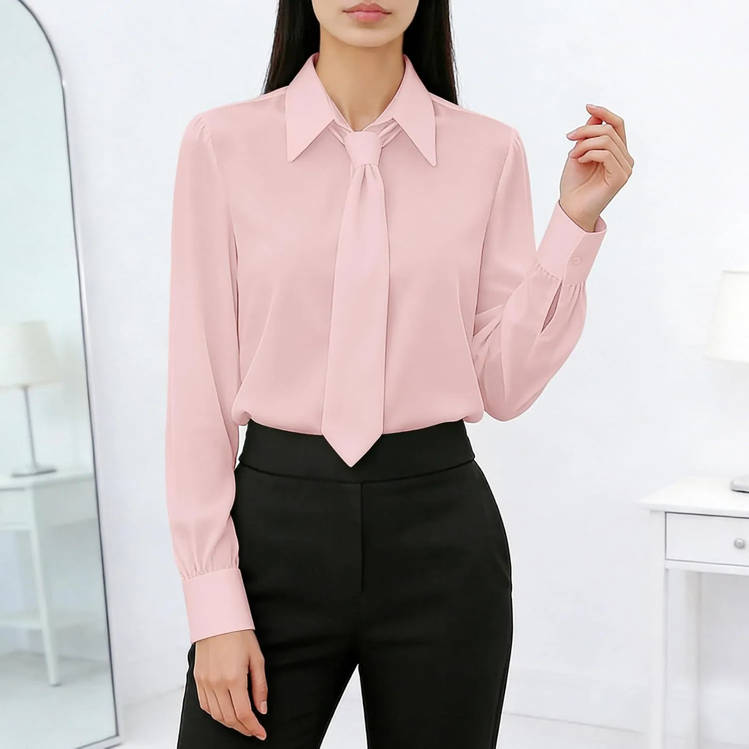 Блуза с бантом, шифоновая, женская, розовый — фото 3