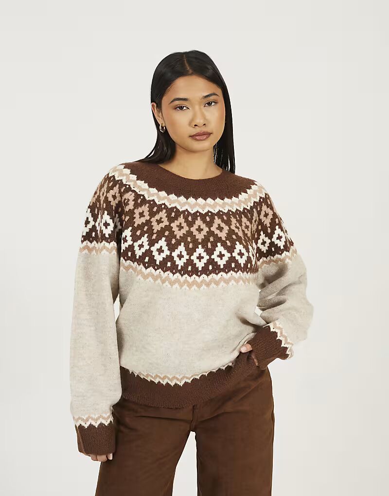 

Рождественский джемпер с круглым вырезом и узором фэр-айл в серо-коричневом цвете Brave Soul