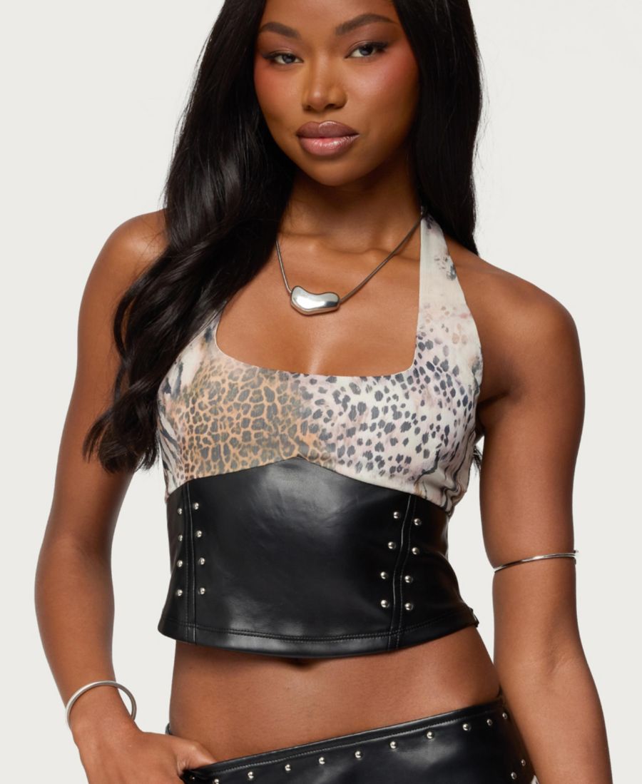 

Женская блузка Letta из шифона с принтом и искусственной кожей Edikted, Black