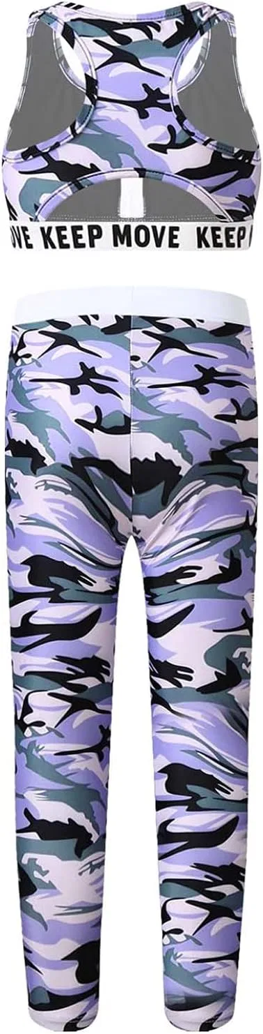 Спортивный костюм для девочек из топа и леггинсов Moggemol, Zipper-purple-camo — фото 2