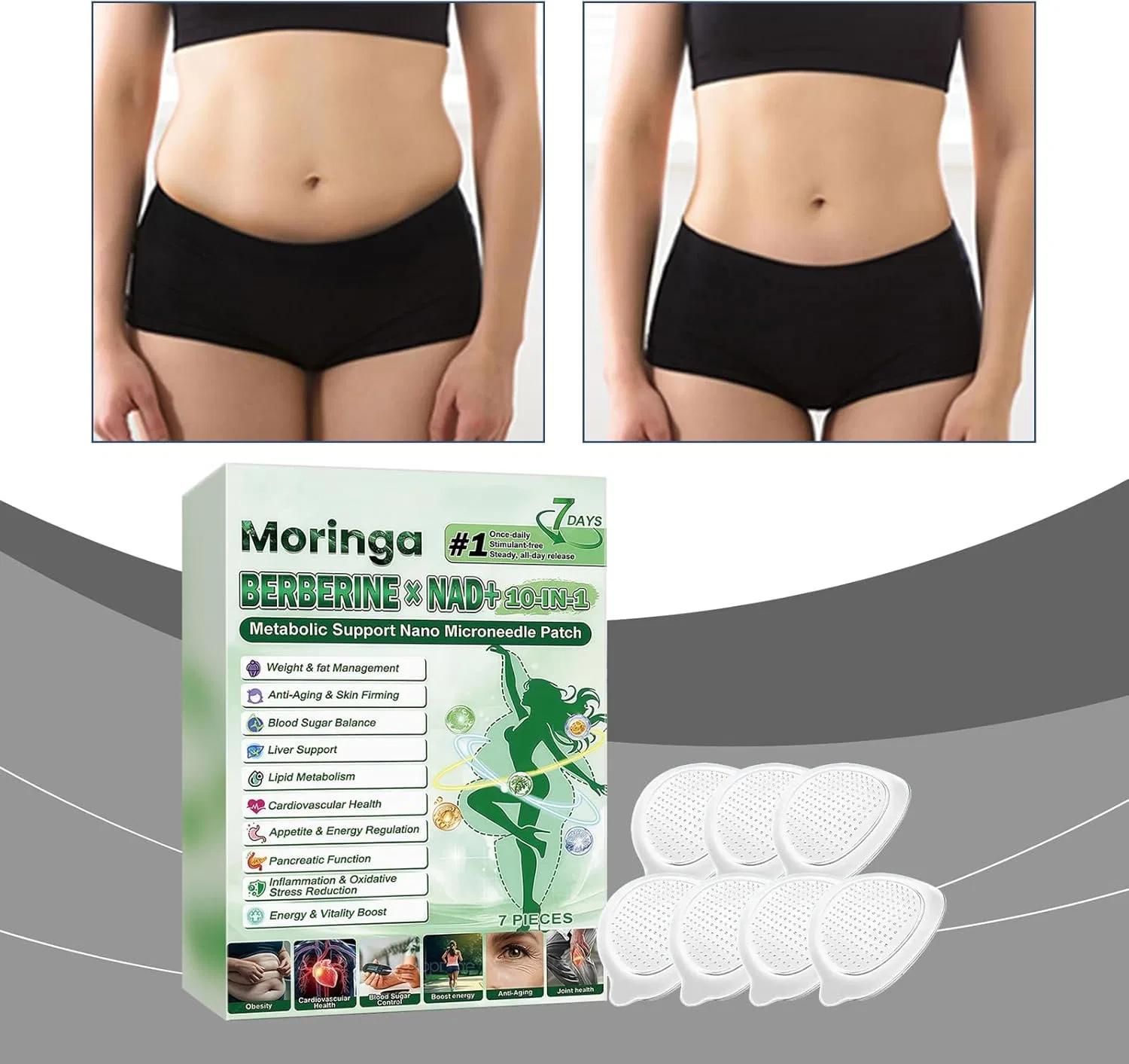 Пластыри с микроиглами Moringa x Berberine NAD+ 10-в-1 для тела (5 шт.) Generic, Nano Microneedle Plaster — фото 2