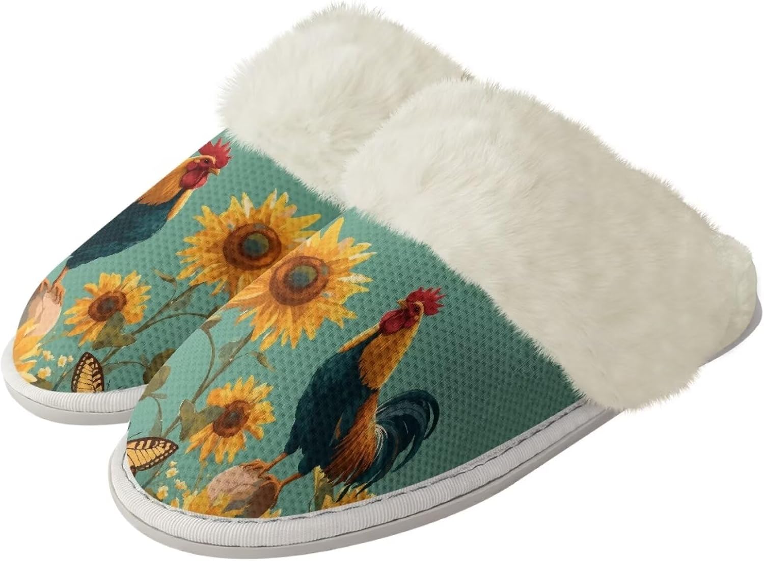 

Домашние тапочки для мужчин и женщин, зимние теплые тапочки на плоской подошве, мягкие плюшевые, закрытый носок, домашняя обувь с резиновой подошвой против скольжения для спа и ванной Watdotory, Sunflower Rooster