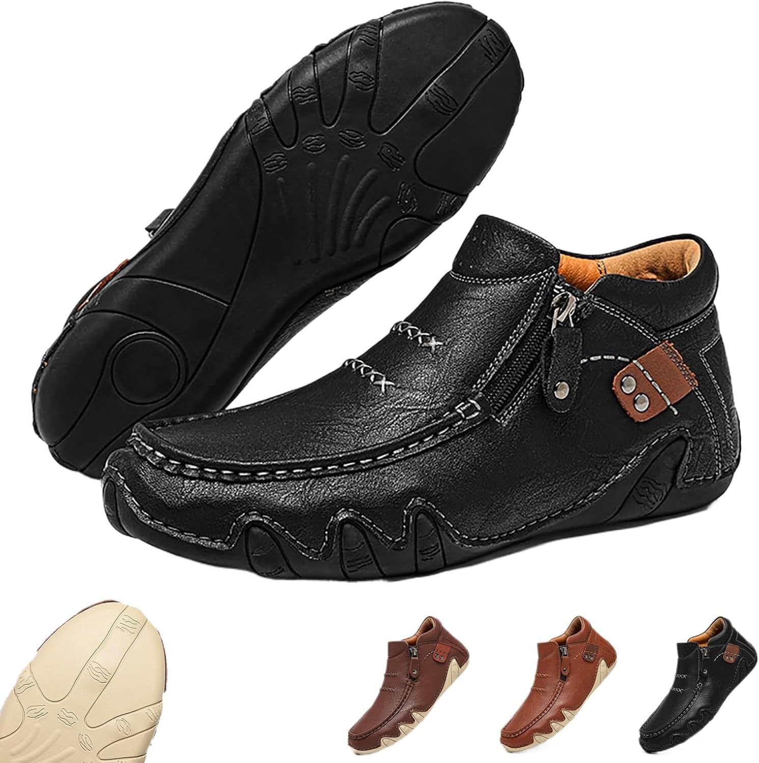 

Мужские высокие ботинки GHTRHSB из кожи с ручной прошивкой, удобные, на молнии сбоку, ортопедические, с широкой носочной частью и поддержкой свода, водонепроницаемые, противоскользящие, средние ботинки для вождения, черный