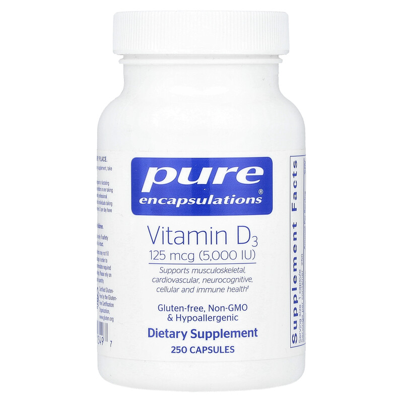 

Pure Encapsulations, Витамин D3, 125 мкг (5000 МЕ), 250 капсул