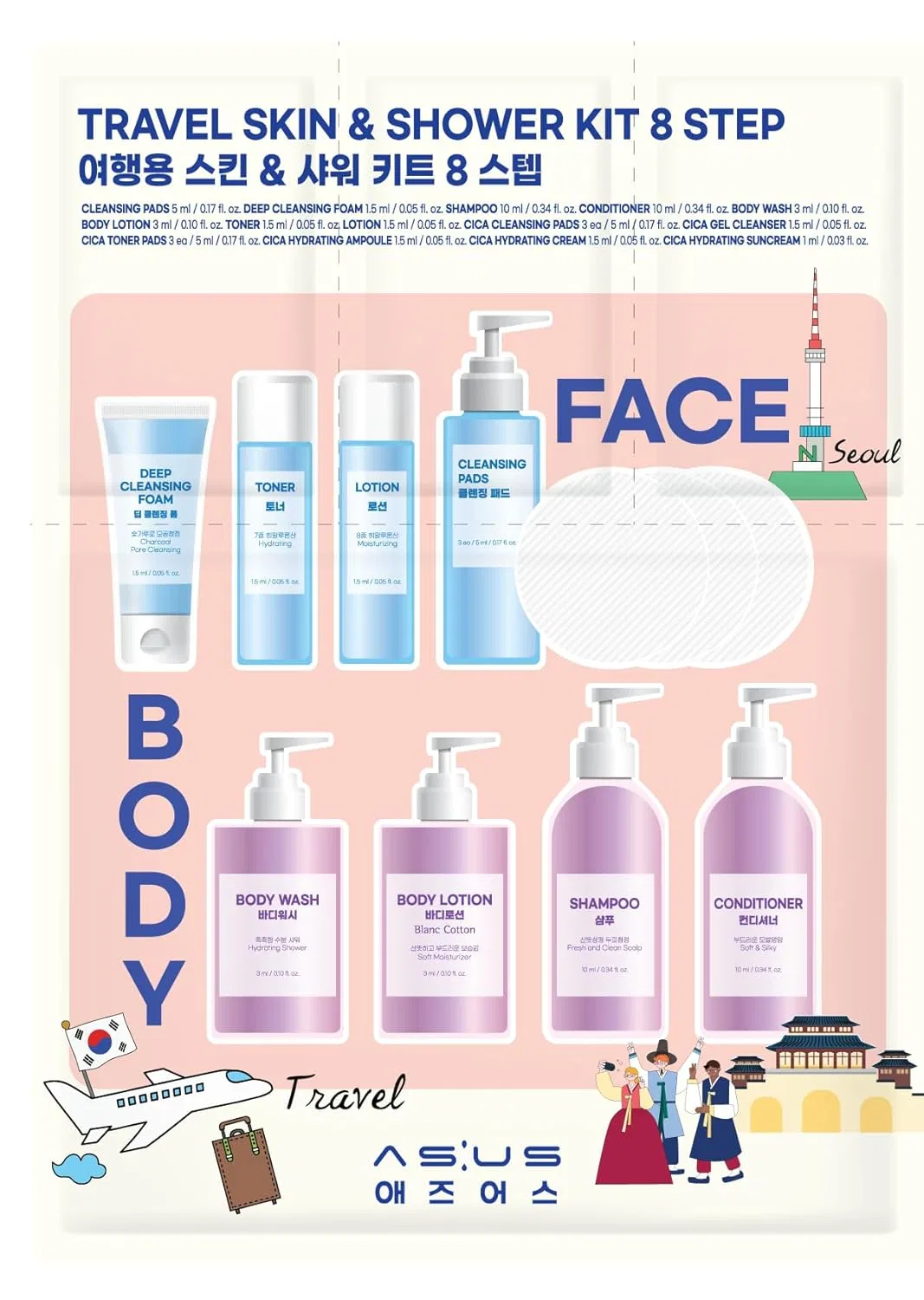 Дорожный набор для ухода за кожей и душем AS:US Travel Skin & Shower Kit 8 Step As:Us