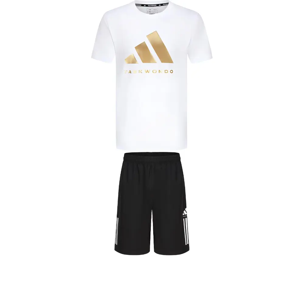 

Adidas Мужской комплект для таэквондо Casual Sportswear белый золотой футболка с коротким рукавом + черные шорты