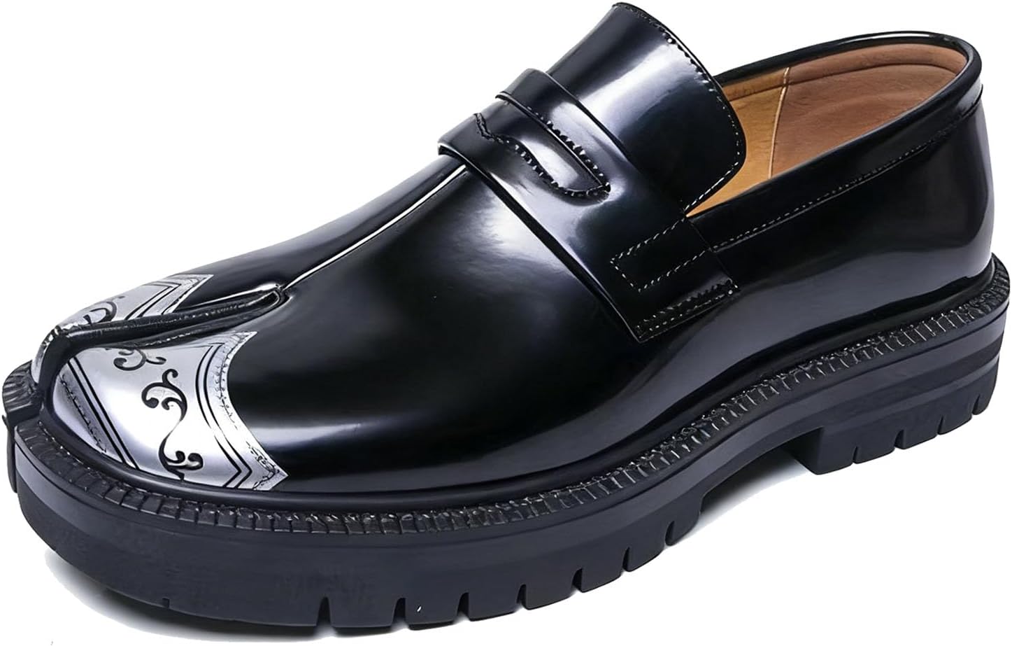 

Мужские лоферы с рифленой подошвой, с разрезным носком, модные кожаные, с принтом, на массивной платформе, удобные, без шнурков, офисные и деловые туфли на каблуке, с нескользящей подошвой, для работы и повседневной носки Donrrndk, черный